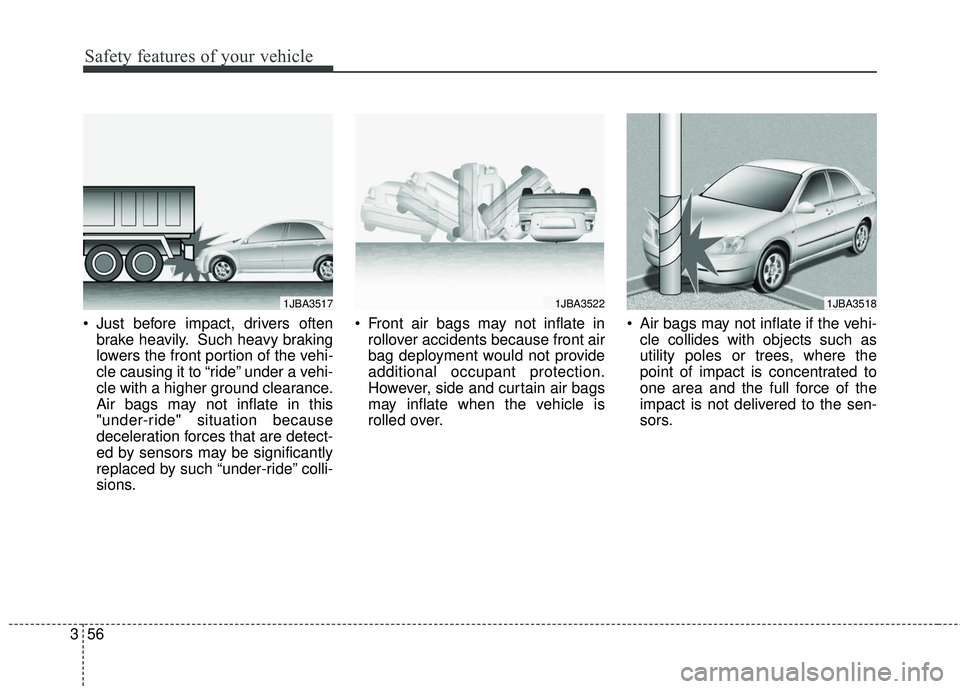 KIA FORTE KOUP 2018 Manual PDF Safety features of your vehicle
56
3
 Just before impact, drivers often
brake heavily. Such heavy braking
lowers the front portion of the vehi-
cle causing it to “ride” under a vehi-
cle with a hi