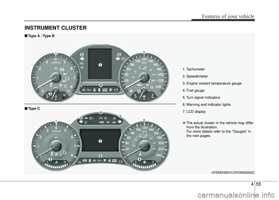 KIA FORTE KOUP 2016 Owners Manual 455
Features of your vehicle
INSTRUMENT CLUSTER
1. Tachometer
2. Speedometer
3. Engine coolant temperature gauge
4. Fuel gauge
5. Turn signal indicators
6. Warning and indicator lights
7. LCD display
KIA FORTE KOUP 2016 Owners Manual 455
Features of your vehicle
INSTRUMENT CLUSTER
1. Tachometer
2. Speedometer
3. Engine coolant temperature gauge
4. Fuel gauge
5. Turn signal indicators
6. Warning and indicator lights
7. LCD display