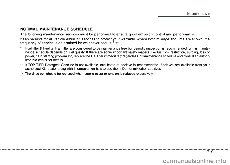 KIA FORTE KOUP 2016  Owners Manual 79
Maintenance
NORMAL MAINTENANCE SCHEDULE
The following maintenance services must be performed to ensure good emission control and performance.
Keep receipts for all vehicle emission services to prot