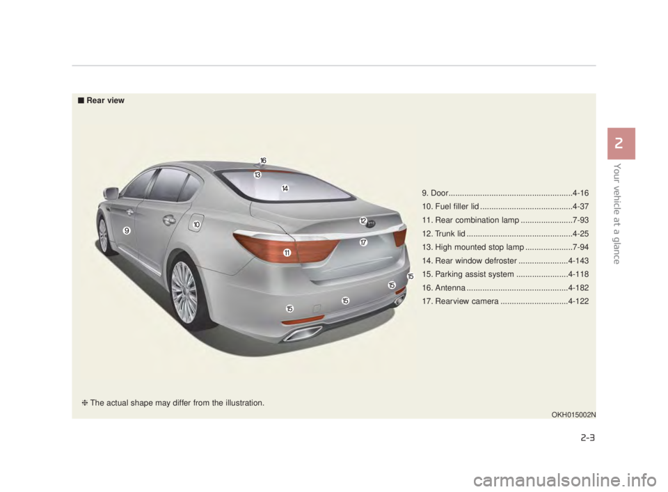 KIA K900 2018 User Guide Your vehicle at a glance
2
2-3
9. Door.......................................................4-16
10. Fuel filler lid .........................................4-37
11. Rear combination lamp .......... KIA K900 2018 User Guide Your vehicle at a glance
2
2-3
9. Door.......................................................4-16
10. Fuel filler lid .........................................4-37
11. Rear combination lamp ..........