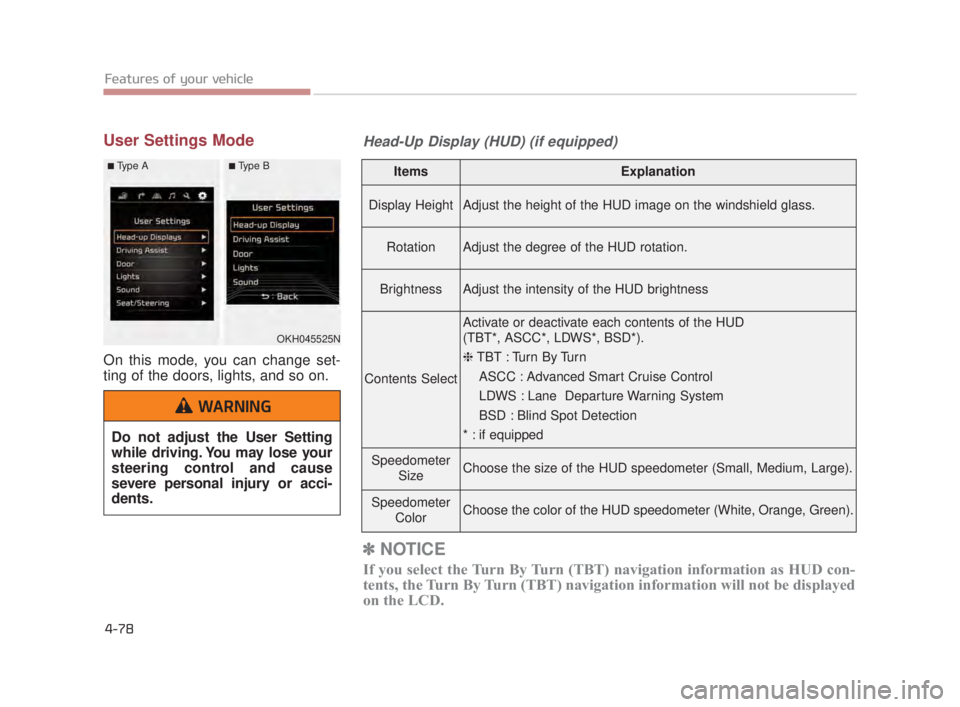 KIA K900 2018  Owners Manual Features of your vehicle
4-78
User Settings Mode
On this mode, you can change set-
ting of the doors, lights, and so on.
ItemsExplanation
Display HeightAdjust the height of the HUD image on the windsh