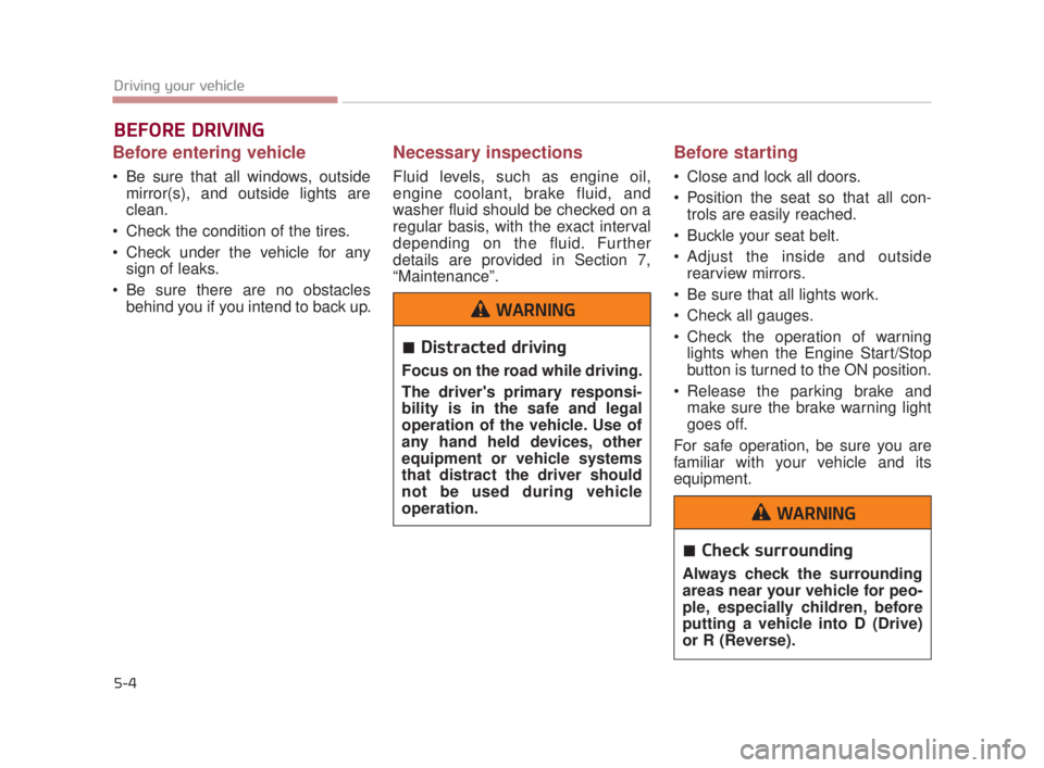 KIA K900 2018  Owners Manual 5-4
Driving your vehicle
Before entering vehicle
 Be sure that all windows, outsidemirror(s), and outside lights are
clean.
 Check the condition of the tires.
 Check under the vehicle for any sign of 