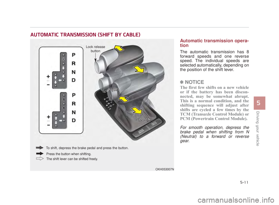 KIA K900 2018 Owners Manual Driving your vehicle
5
5-11
Automatic transmission opera-
tion
The automatic transmission has 8
forward speeds and one reverse
speed. The individual speeds are
selected automatically, depending on
the KIA K900 2018 Owners Manual Driving your vehicle
5
5-11
Automatic transmission opera-
tion
The automatic transmission has 8
forward speeds and one reverse
speed. The individual speeds are
selected automatically, depending on
the