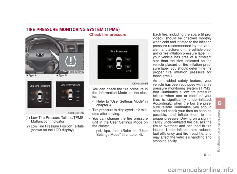 KIA K900 2018  Owners Manual What to do in an emergency
6
6-11
TIRE PRESSURE MONITORING SYSTEM (TPMS)
(1) Low Tire Pressure Telltale/TPMSMalfunction Indicator
(2) Low Tire Pressure Position Telltale (shown on the LCD display)
Che