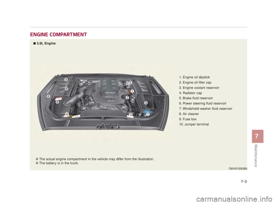 KIA K900 2018 Owners Manual Maintenance
7
7-3
ENGINE COMPARTMENT
1. Engine oil dipstick
2. Engine oil filler cap
3. Engine coolant reservoir
4. Radiator cap
5. Brake fluid reservoir
6. Power steering fluid reservoir
7. Windshiel KIA K900 2018 Owners Manual Maintenance
7
7-3
ENGINE COMPARTMENT
1. Engine oil dipstick
2. Engine oil filler cap
3. Engine coolant reservoir
4. Radiator cap
5. Brake fluid reservoir
6. Power steering fluid reservoir
7. Windshiel