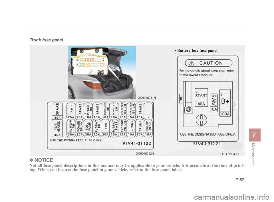 KIA K900 2018  Owners Manual Maintenance
7
7-87
Trunk fuse panel
✽NOTICE
Not all fuse panel descriptions in this manual may be applicable to your\
 vehicle. It is accurate at the time of print-
ing. When you inspect the fuse pa