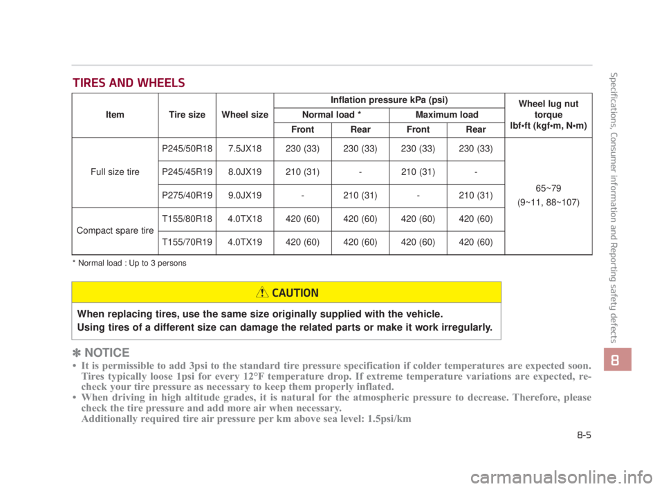 KIA K900 2018 Owners Manual Specifications, Consumer information and Reporting safety defects
8
8-5
TIRES AND WHEELS
✽NOTICE
• It is permissible to add 3psi to the standard tire pressure specification if colder temperatures KIA K900 2018 Owners Manual Specifications, Consumer information and Reporting safety defects
8
8-5
TIRES AND WHEELS
✽NOTICE
• It is permissible to add 3psi to the standard tire pressure specification if colder temperatures