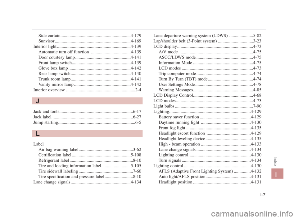 KIA K900 2018  Owners Manual Index
I-7
I
Side curtain..............................................................4-179
Sunvisor ...................................................................4-169\
Interior light .........