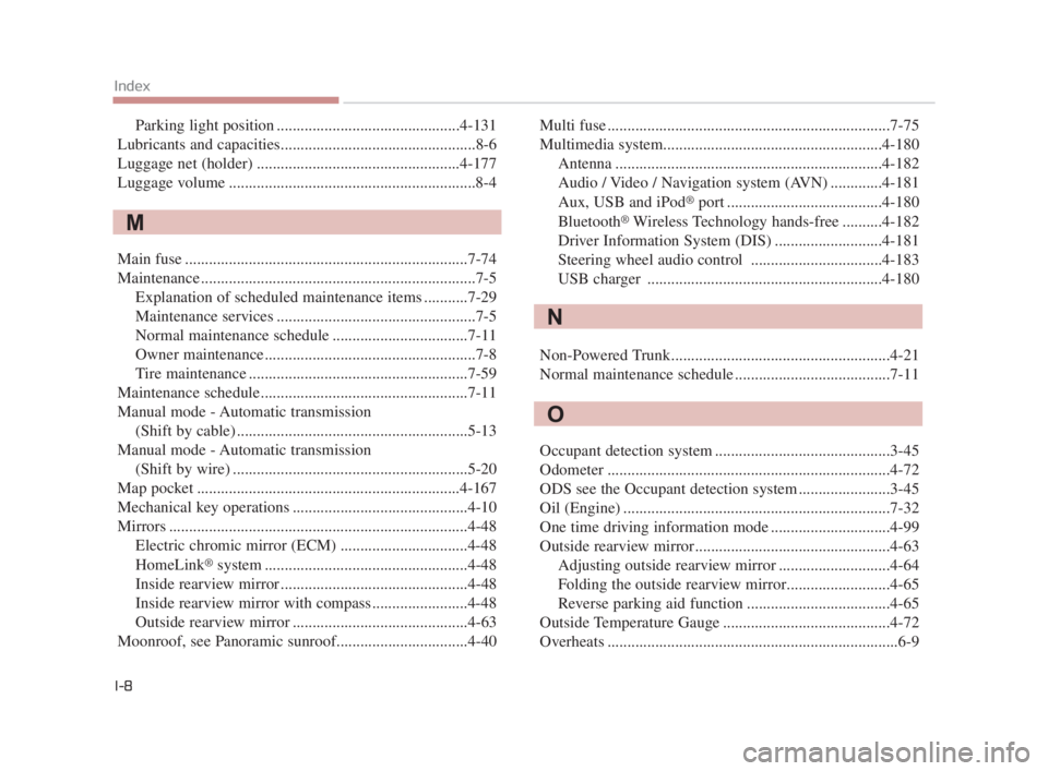 KIA K900 2018  Owners Manual I-8
Index
Parking light position ..............................................4-131
Lubricants and capacities.................................................8-6
Luggage net (holder) ................