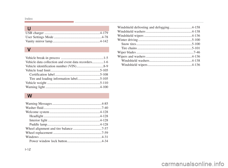 KIA K900 2018  Owners Manual USB charger ................................................................4-17\
9
User Settings Mode .......................................................4-78
Vanity mirror lamp...................