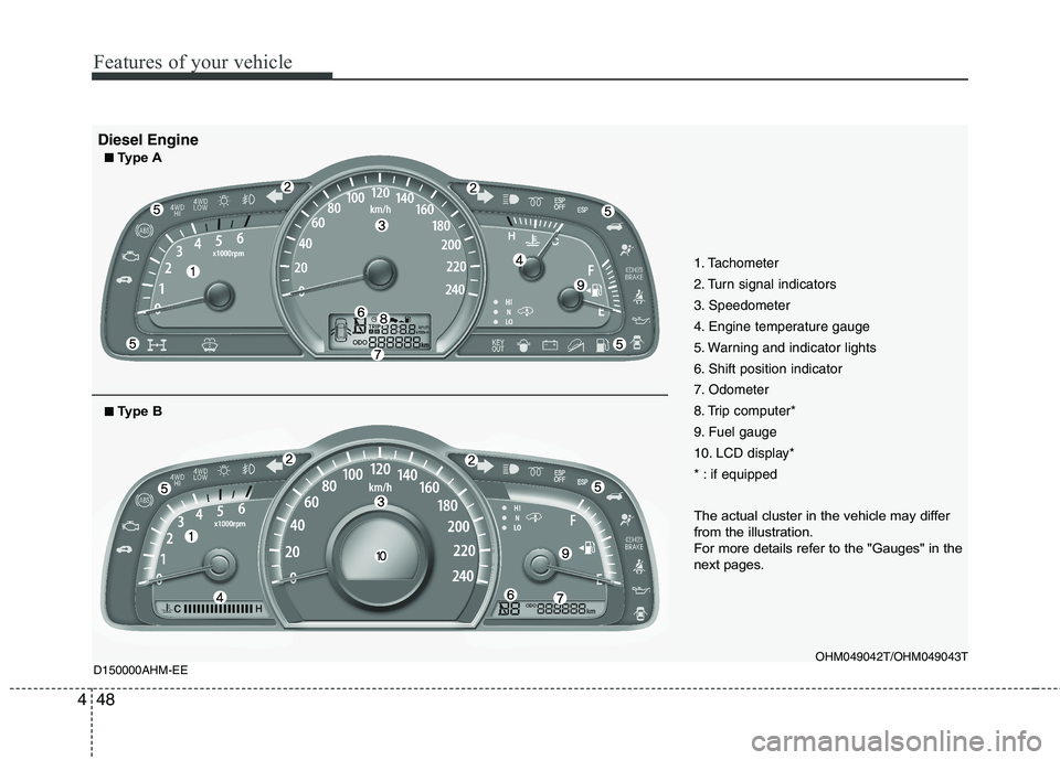 KIA MOHAVE 2014 Owners Manual Features of your vehicle
48
4
1. Tachometer
2. Turn signal indicators
3. Speedometer
4. Engine temperature gauge
5. Warning and indicator lights
6. Shift position indicator
7. Odometer
8. Trip compu KIA MOHAVE 2014 Owners Manual Features of your vehicle
48
4
1. Tachometer
2. Turn signal indicators
3. Speedometer
4. Engine temperature gauge
5. Warning and indicator lights
6. Shift position indicator
7. Odometer
8. Trip compu