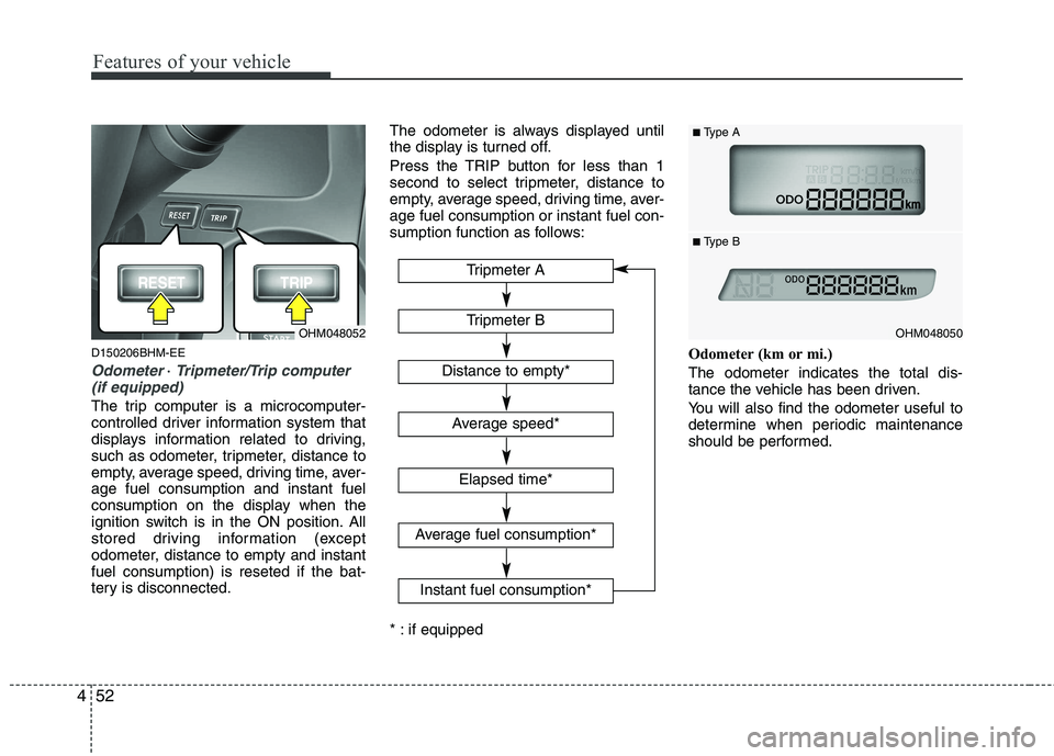 KIA MOHAVE 2014  Owners Manual Features of your vehicle
52
4
D150206BHM-EE
Odometer ��   Tripmeter/Trip computer 
(if equipped)
The trip computer is a microcomputer- 
controlled driver information system that
displays information r