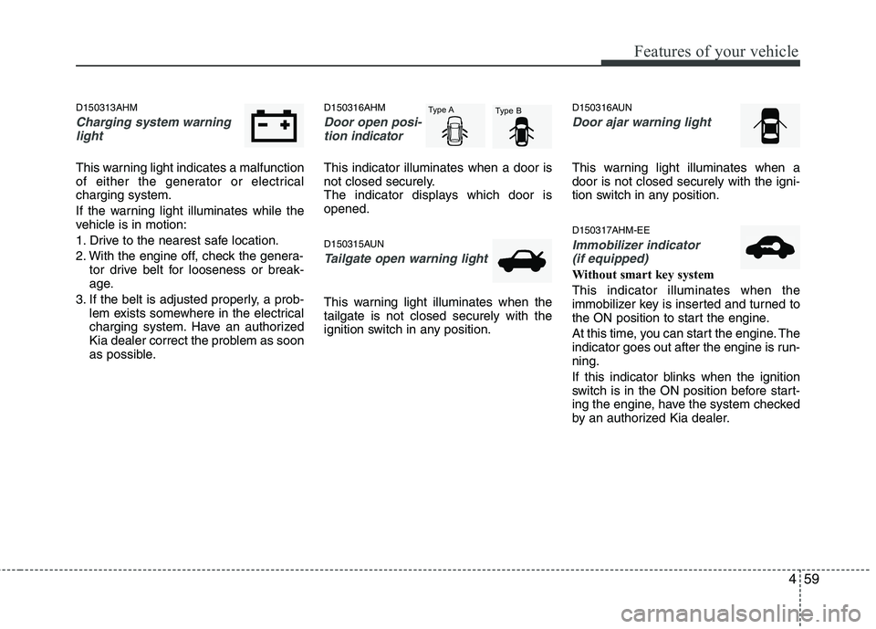 KIA MOHAVE 2014 User Guide 459
Features of your vehicle
D150313AHM
Charging system warninglight
This warning light indicates a malfunction
of either the generator or electricalcharging system.
If the warning light illuminates KIA MOHAVE 2014 User Guide 459
Features of your vehicle
D150313AHM
Charging system warninglight
This warning light indicates a malfunction
of either the generator or electricalcharging system.
If the warning light illuminates