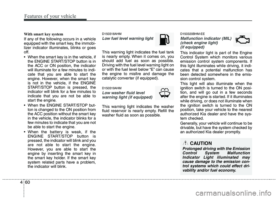 KIA MOHAVE 2014 Owners Manual Features of your vehicle
60
4
With smart key system
If any of the following occurs in a vehicle
equipped with the smart key, the immobi-
lizer indicator illuminates, blinks or goes
off.
When the KIA MOHAVE 2014 Owners Manual Features of your vehicle
60
4
With smart key system
If any of the following occurs in a vehicle
equipped with the smart key, the immobi-
lizer indicator illuminates, blinks or goes
off.
When the