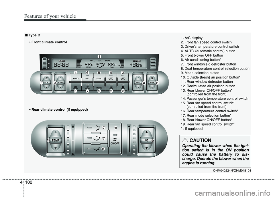 KIA MOHAVE 2014 Owners Manual Features of your vehicle
100
4
OHM040224N/OHM048101
1. A/C display
2. Front fan speed control switch
3. Drivers temperature control switch
4. AUTO (automatic control) button
5. Front blower OFF butt KIA MOHAVE 2014 Owners Manual Features of your vehicle
100
4
OHM040224N/OHM048101
1. A/C display
2. Front fan speed control switch
3. Drivers temperature control switch
4. AUTO (automatic control) button
5. Front blower OFF butt