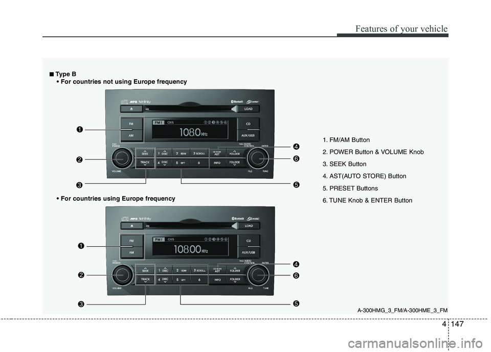 KIA MOHAVE 2014 Owners Manual 4147
Features of your vehicle
1. FM/AM Button
2. POWER Button & VOLUME Knob
3. SEEK Button
4. AST(AUTO STORE) Button
5. PRESET Buttons
6. TUNE Knob & ENTER Button
A-300HMG_3_FM/A-300HME_3_FM
■
■ KIA MOHAVE 2014 Owners Manual 4147
Features of your vehicle
1. FM/AM Button
2. POWER Button & VOLUME Knob
3. SEEK Button
4. AST(AUTO STORE) Button
5. PRESET Buttons
6. TUNE Knob & ENTER Button
A-300HMG_3_FM/A-300HME_3_FM
■
■