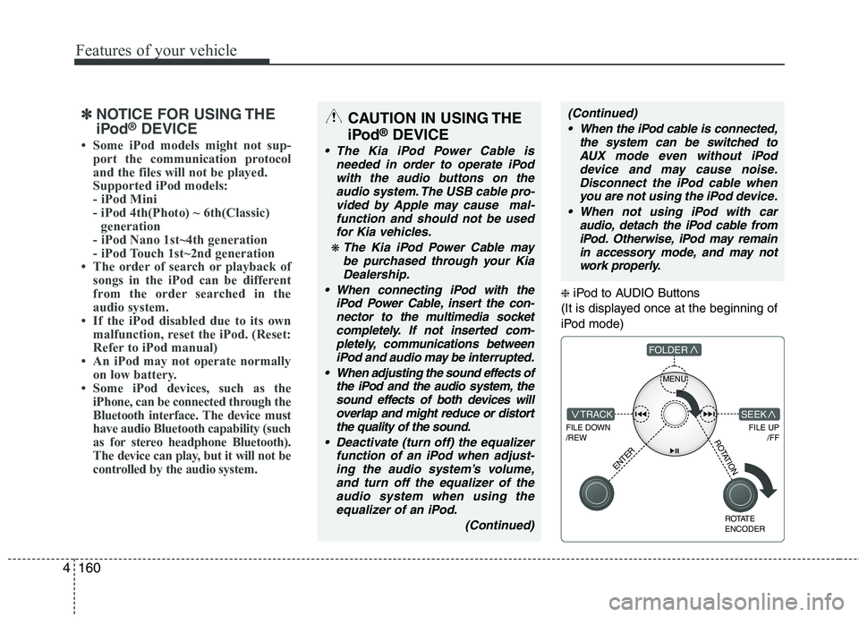 KIA MOHAVE 2014  Owners Manual Features of your vehicle
160
4
❈  iPod to AUDIO Buttons
(It is displayed once at the beginning of 
iPod mode)
MENU
FILE DOWN /REW
FILE UP /FFTRACK
FOLDER
ENTER
ROTATE ENCODER
SEEK
ROTATION
✽✽NOT