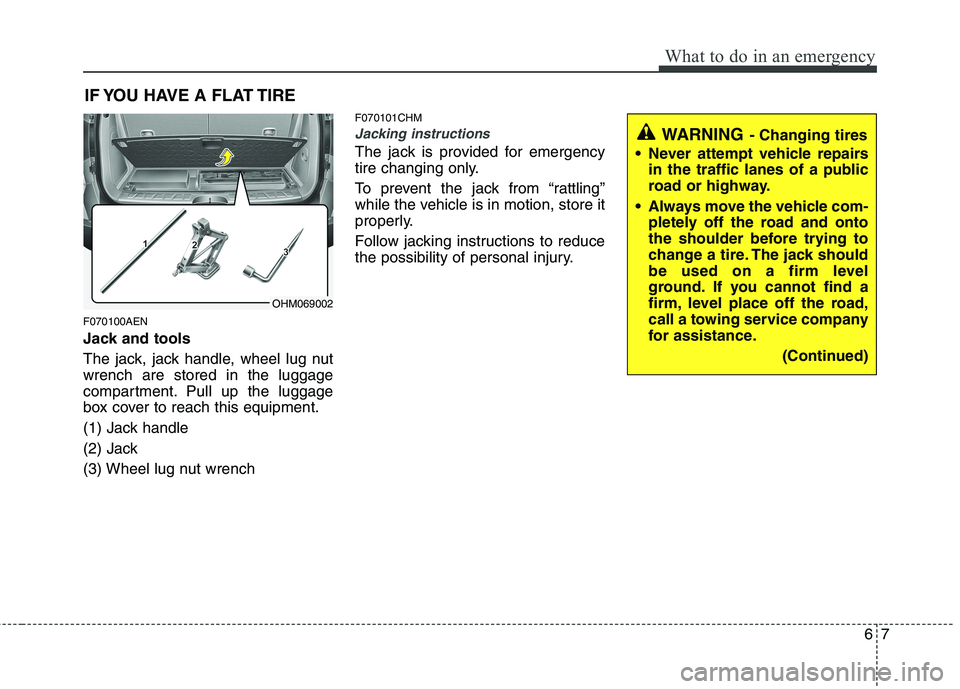 KIA MOHAVE 2014 Owners Manual 67
What to do in an emergency
IF YOU HAVE A FLAT TIRE
F070100AEN
Jack and tools
The jack, jack handle, wheel lug nut wrench are stored in the luggage
compartment. Pull up the luggage
box cover to re KIA MOHAVE 2014 Owners Manual 67
What to do in an emergency
IF YOU HAVE A FLAT TIRE
F070100AEN
Jack and tools
The jack, jack handle, wheel lug nut wrench are stored in the luggage
compartment. Pull up the luggage
box cover to re