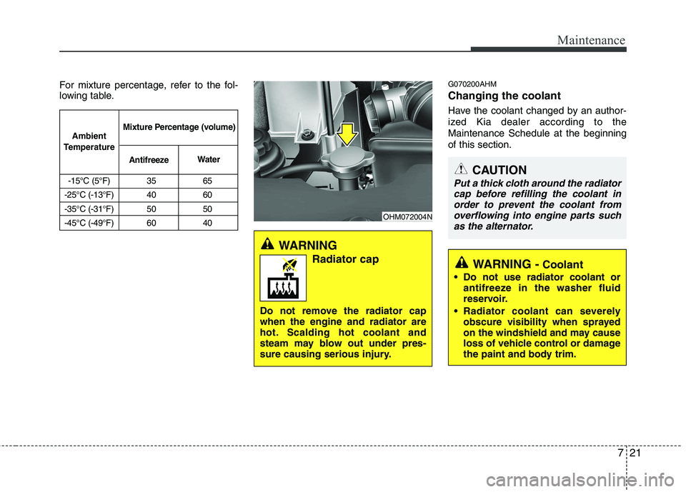 KIA MOHAVE 2014 Owners Manual 721
Maintenance
For mixture percentage, refer to the fol-
lowing table.G070200AHM Changing the coolant
Have the coolant changed by an author-
ized Kia dealer according to theMaintenance Schedule at KIA MOHAVE 2014 Owners Manual 721
Maintenance
For mixture percentage, refer to the fol-
lowing table.G070200AHM Changing the coolant
Have the coolant changed by an author-
ized Kia dealer according to theMaintenance Schedule at