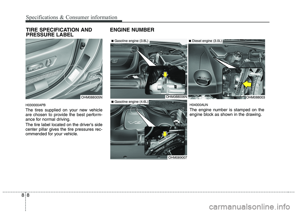 KIA MOHAVE 2014 Owners Manual H030000APB
The tires supplied on your new vehicle
are chosen to provide the best perform-
ance for normal driving.
The tire label located on the drivers side
center pillar gives the tire pressure KIA MOHAVE 2014 Owners Manual H030000APB
The tires supplied on your new vehicle
are chosen to provide the best perform-
ance for normal driving.
The tire label located on the drivers side
center pillar gives the tire pressure