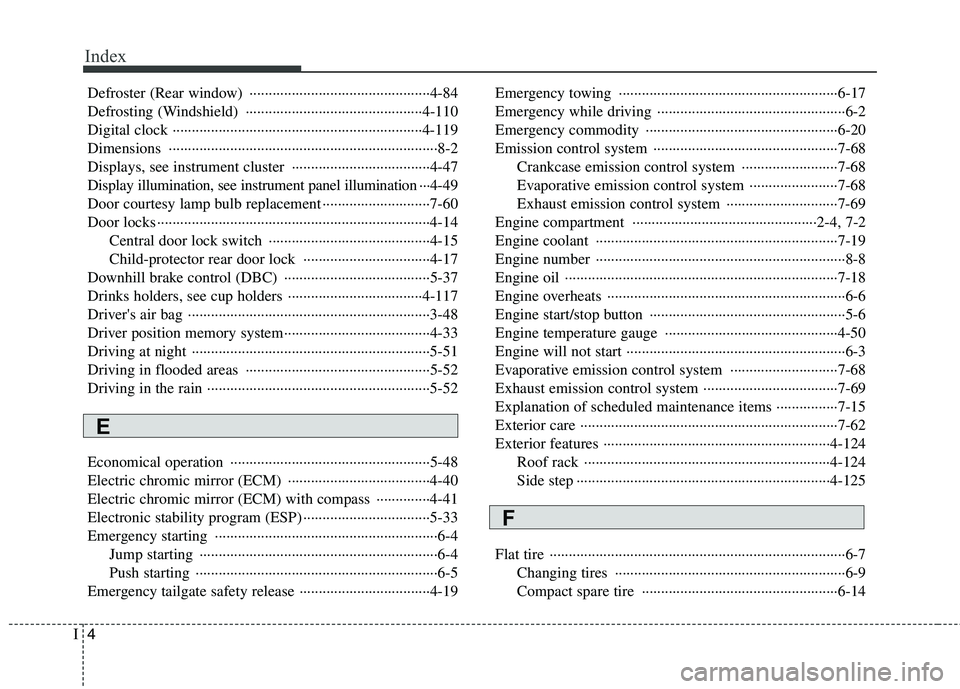 KIA MOHAVE 2014 Owners Manual Index
4
I
Defroster (Rear window) ···············································4-84
Defrosting (Windshield) ···················· KIA MOHAVE 2014 Owners Manual Index
4
I
Defroster (Rear window) ···············································4-84
Defrosting (Windshield) ····················