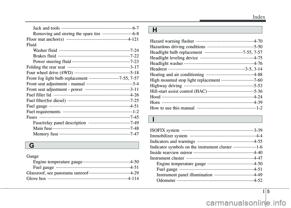 KIA MOHAVE 2014 Owners Manual I5
Index
Jack and tools ·····························································6-7
Removing and storing the spare tire ····· KIA MOHAVE 2014 Owners Manual I5
Index
Jack and tools ·····························································6-7
Removing and storing the spare tire ·····Â