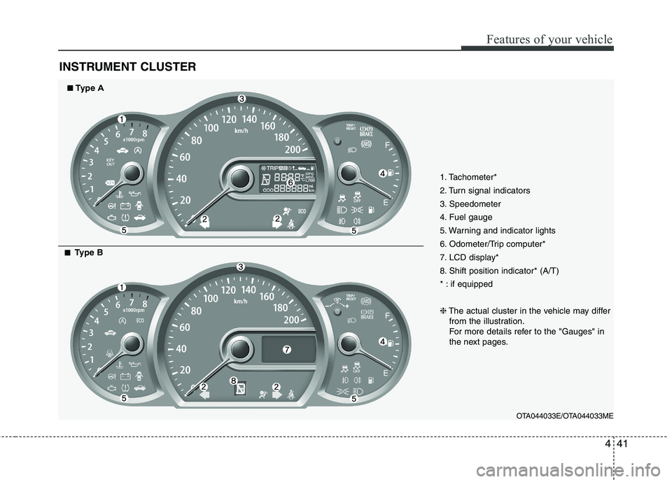 KIA MORNING 2015  Owners Manual 441
Features of your vehicle
INSTRUMENT CLUSTER
1. Tachometer*
2. Turn signal indicators
3. Speedometer
4. Fuel gauge
5. Warning and indicator lights
6. Odometer/Trip computer*
7. LCD display*
8. Shif