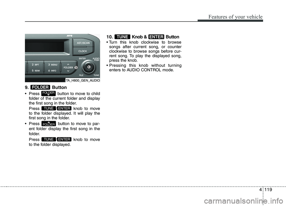 KIA MORNING 2015  Owners Manual 4119
Features of your vehicle
9. Button
 Press button to move to child
folder of the current folder and display
the first song in the folder.
Press  / knob to move
to the folder displayed. It will pla