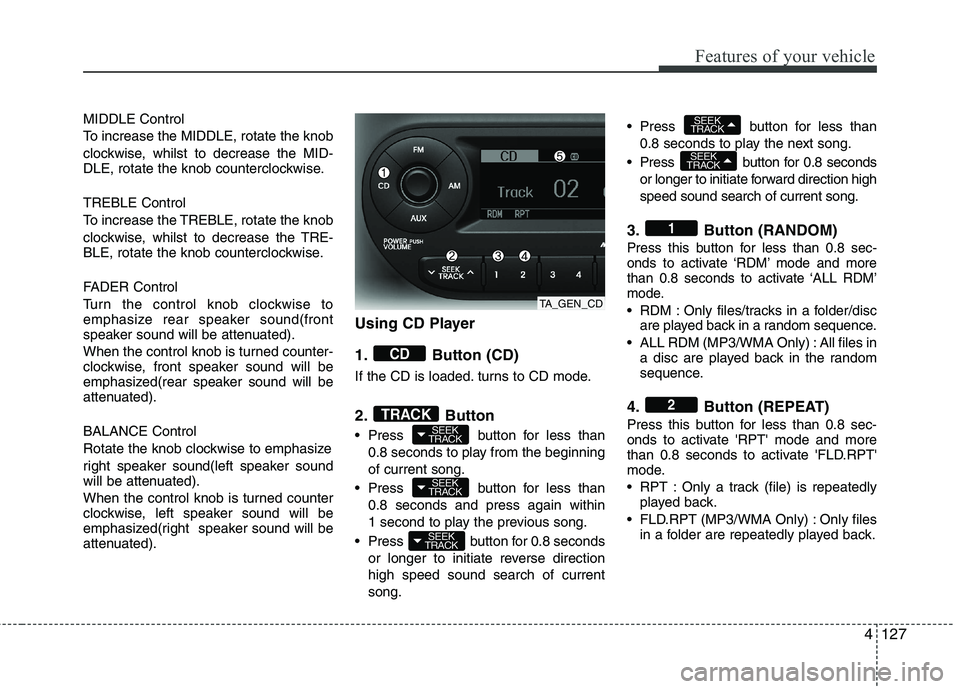 KIA MORNING 2015  Owners Manual 4127
Features of your vehicle
MIDDLE Control
To increase the MIDDLE, rotate the knob
clockwise, whilst to decrease the MID-
DLE, rotate the knob counterclockwise.
TREBLE Control
To increase the TREBLE