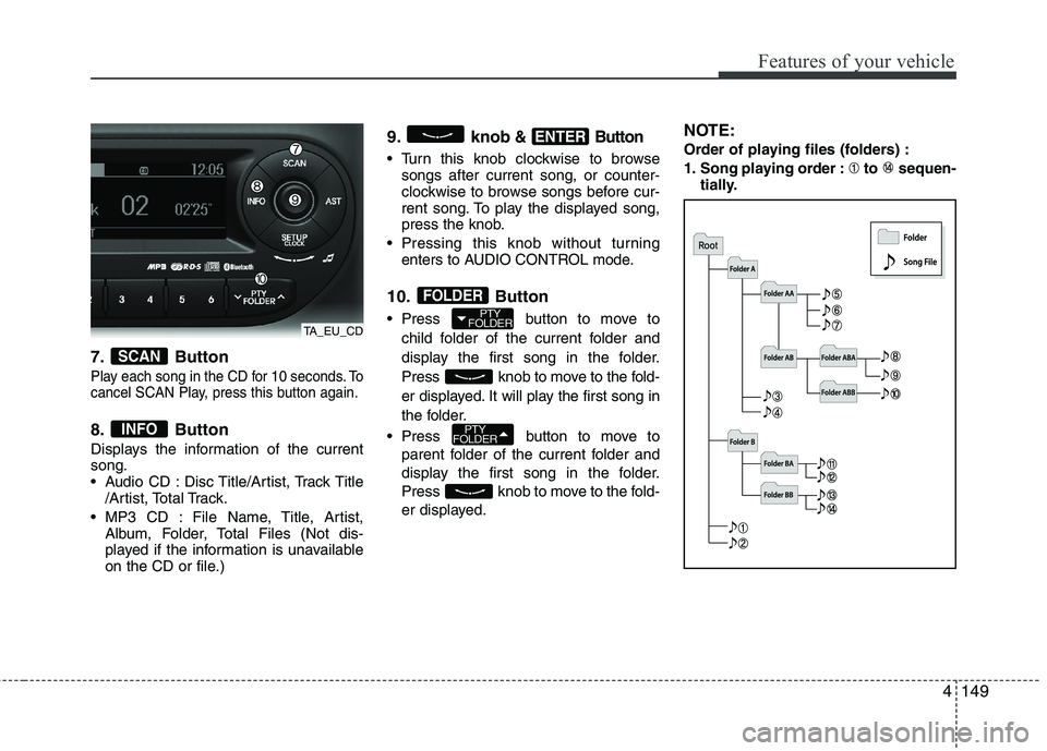 KIA MORNING 2015 Owners Manual 4149
Features of your vehicle
7. Button
Play each song in the CD for 10 seconds. To
cancel SCAN Play, press this button again.
8. Button
Displays the information of the current
song.
Audio CD : Disc KIA MORNING 2015 Owners Manual 4149
Features of your vehicle
7. Button
Play each song in the CD for 10 seconds. To
cancel SCAN Play, press this button again.
8. Button
Displays the information of the current
song.
Audio CD : Disc