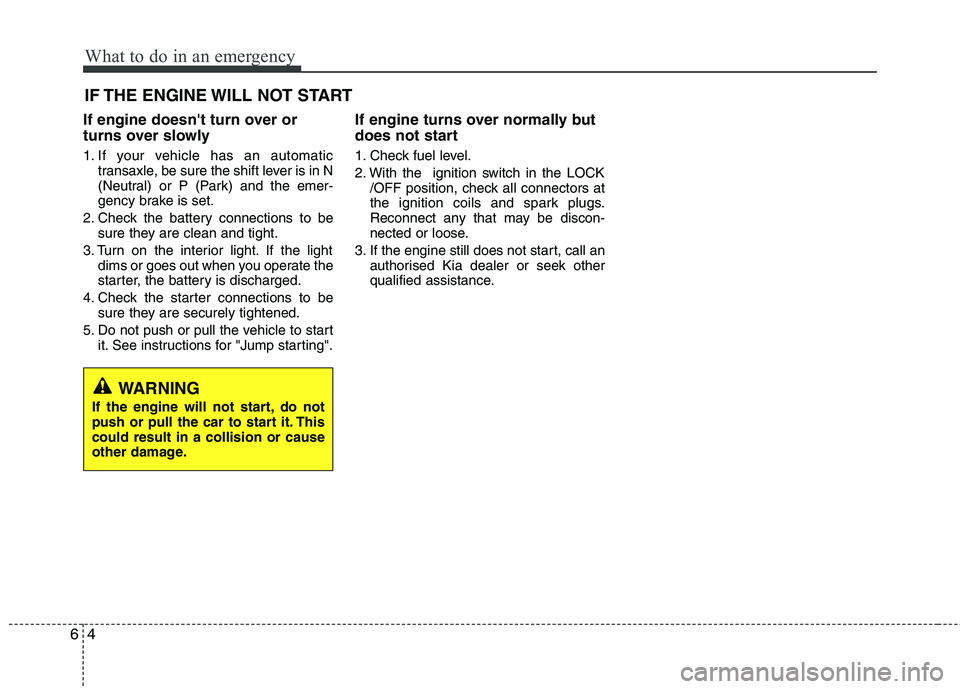 KIA MORNING 2015  Owners Manual What to do in an emergency
4 6
IF THE ENGINE WILL NOT START
If engine doesnt turn over or
turns over slowly
1. If your vehicle has an automatic
transaxle, be sure the shift lever is in N
(Neutral) or