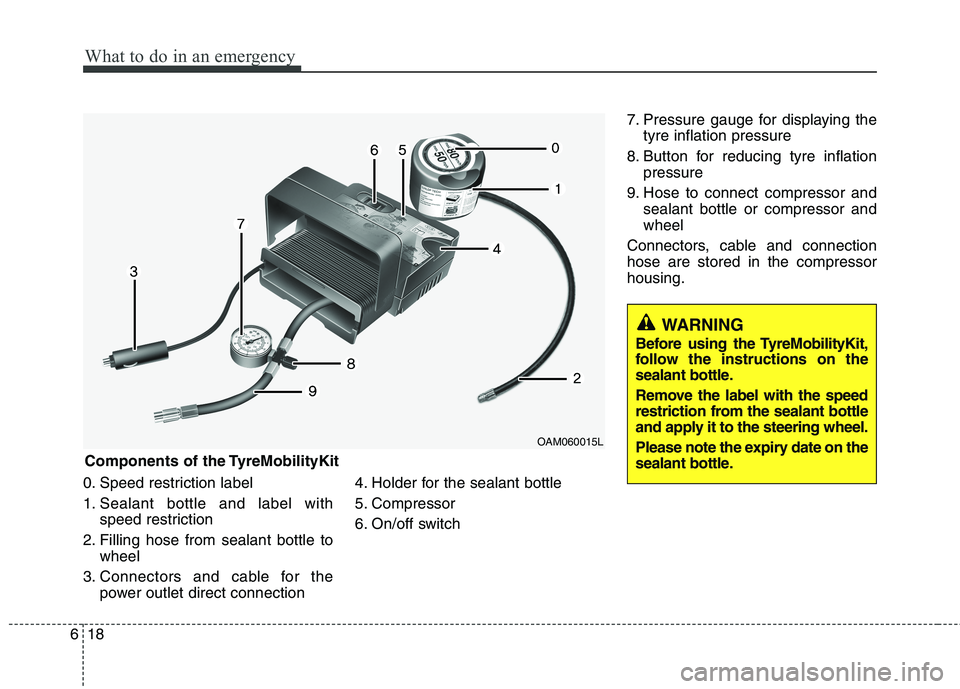 KIA MORNING 2015 Owners Manual What to do in an emergency
18 6
0. Speed restriction label
1. Sealant bottle and label with
speed restriction
2. Filling hose from sealant bottle to
wheel
3. Connectors and cable for the
power outlet KIA MORNING 2015 Owners Manual What to do in an emergency
18 6
0. Speed restriction label
1. Sealant bottle and label with
speed restriction
2. Filling hose from sealant bottle to
wheel
3. Connectors and cable for the
power outlet