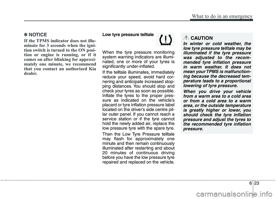 KIA MORNING 2015 Owners Manual 623
What to do in an emergency
✽ ✽
NOTICE
If the TPMS indicator does not illu-
minate for 3 seconds when the igni-
tion switch is turned to the ON posi-
tion or engine is running, or if it
comes o KIA MORNING 2015 Owners Manual 623
What to do in an emergency
✽ ✽
NOTICE
If the TPMS indicator does not illu-
minate for 3 seconds when the igni-
tion switch is turned to the ON posi-
tion or engine is running, or if it
comes o
