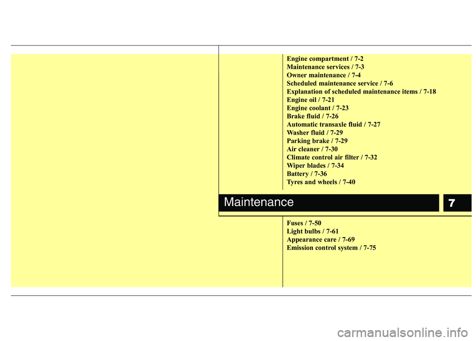 KIA MORNING 2015  Owners Manual 7
Engine compartment / 7-2
Maintenance services / 7-3
Owner maintenance / 7-4
Scheduled maintenance service / 7-6
Explanation of scheduled maintenance items / 7-18
Engine oil / 7-21
Engine coolant / 7