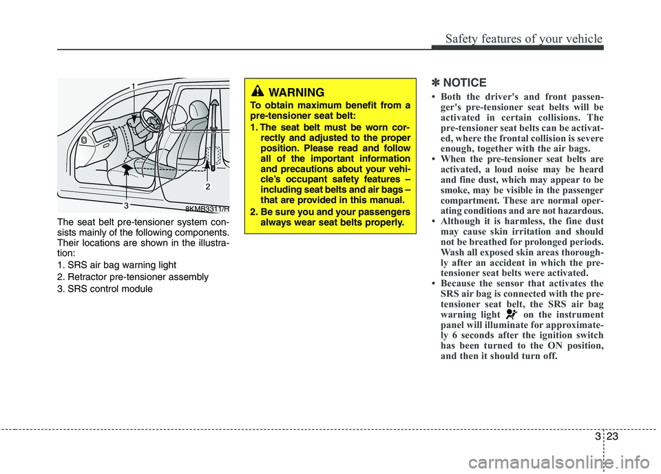 KIA MORNING 2015 Owners Guide 323
Safety features of your vehicle
The seat belt pre-tensioner system con-
sists mainly of the following components.
Their locations are shown in the illustra-
tion:
1. SRS air bag warning light
2. R