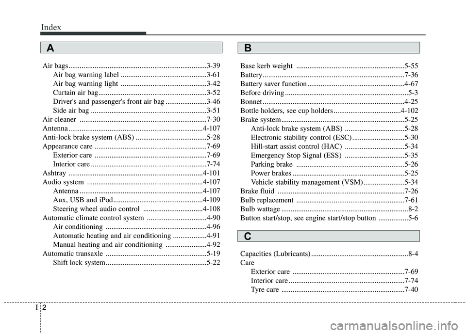 KIA MORNING 2015  Owners Manual Index
2I
Air bags..........................................................................3-39
Air bag warning label ..............................................3-61
Air bag warning light .........