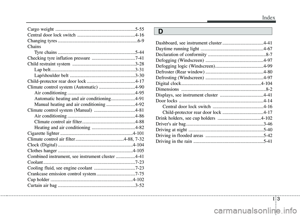 KIA MORNING 2015  Owners Manual I3
Index
Cargo weight ..................................................................5-55
Central door lock switch ................................................4-16
Changing tyres ..............