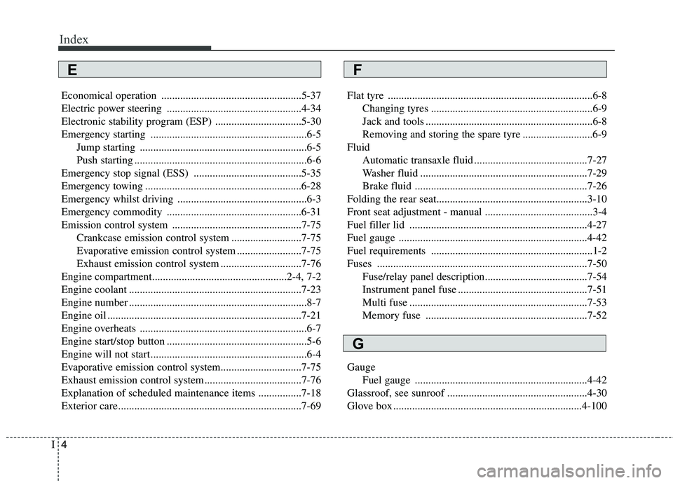 KIA MORNING 2015  Owners Manual Index
4I
Economical operation ....................................................5-37
Electric power steering ..................................................4-34
Electronic stability program (ESP)