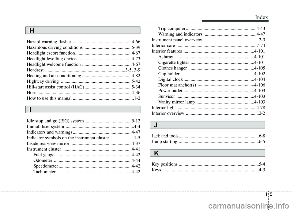 KIA MORNING 2015  Owners Manual I5
Index
Hazard warning flasher ..................................................4-66
Hazardous driving conditions ........................................5-39
Headlight escort function..............