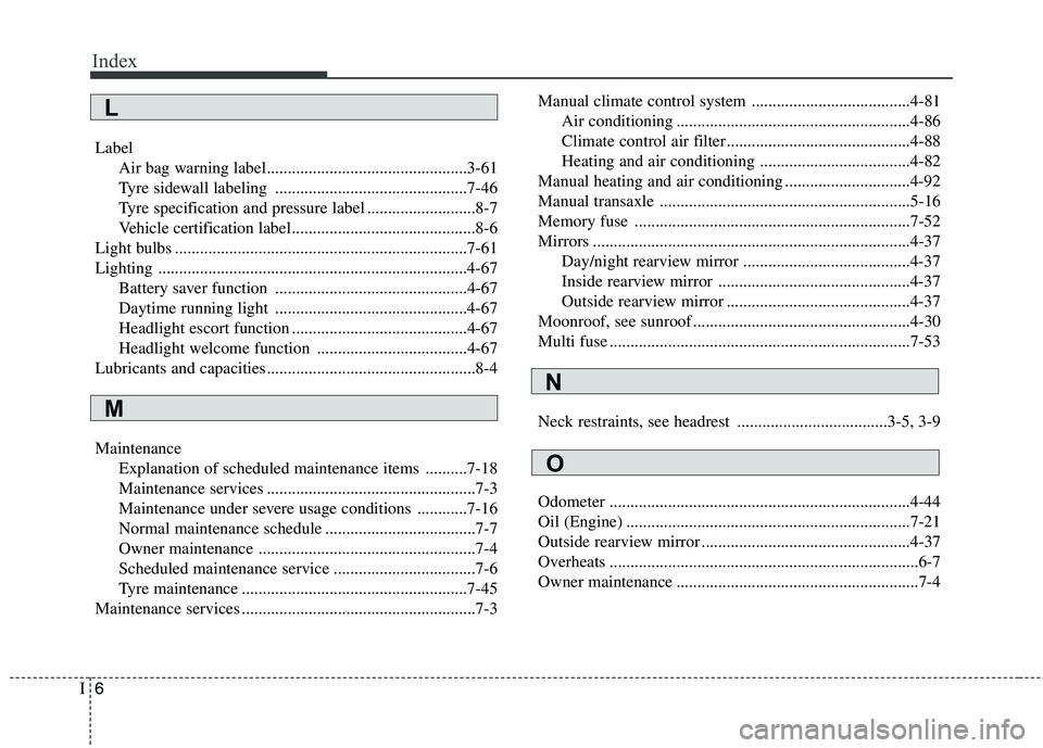 KIA MORNING 2015  Owners Manual Index
6I
Label
Air bag warning label................................................3-61
Tyre sidewall labeling ..............................................7-46
Tyre specification and pressure label