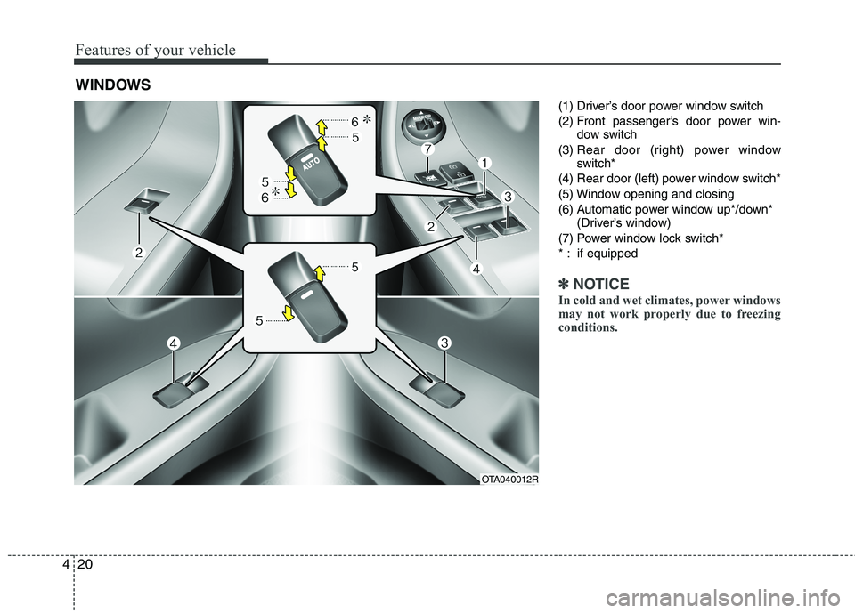 KIA MORNING 2015 Owners Manual Features of your vehicle
20 4
(1) Driver’s door power window switch
(2) Front passenger’s door power win-
dow switch
(3) Rear door (right) power window
switch*
(4) Rear door (left) power window sw KIA MORNING 2015 Owners Manual Features of your vehicle
20 4
(1) Driver’s door power window switch
(2) Front passenger’s door power win-
dow switch
(3) Rear door (right) power window
switch*
(4) Rear door (left) power window sw