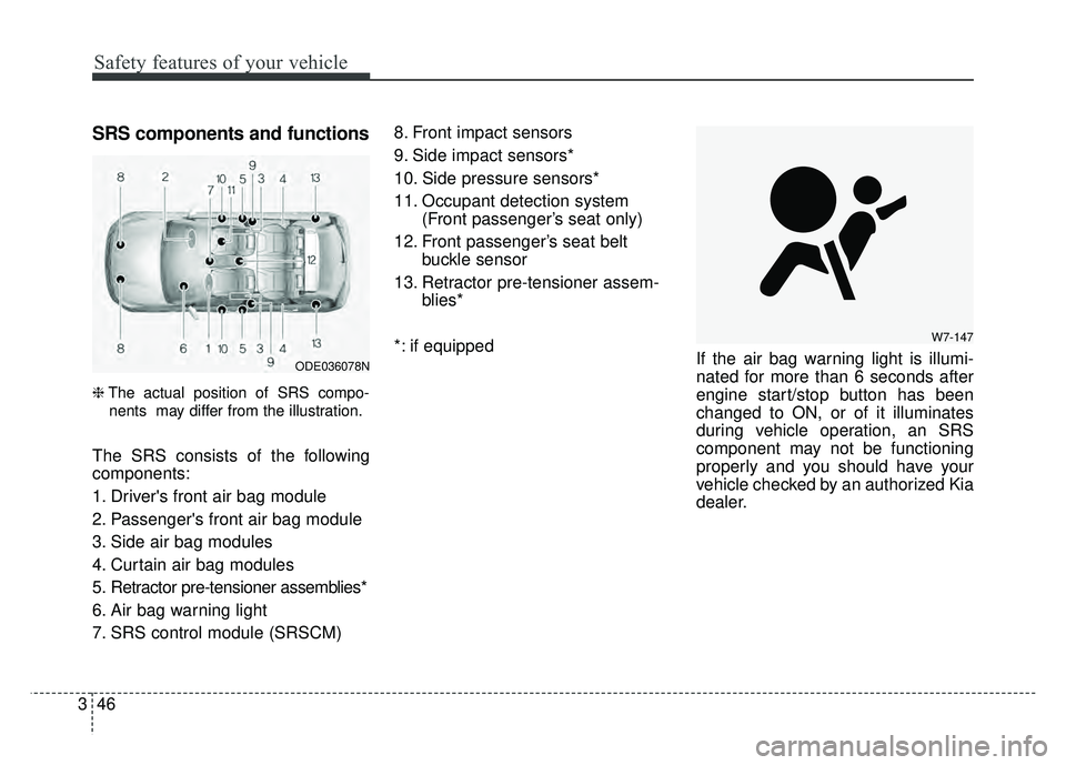 KIA NIRO PLUG-IN HYBRID 2018 Owners Manual Safety features of your vehicle
46
3
SRS components and functions
❈ The actual position of SRS compo-
nents may differ from the illustration.
The SRS consists of the following
components:
1. Driver KIA NIRO PLUG-IN HYBRID 2018 Owners Manual Safety features of your vehicle
46
3
SRS components and functions
❈ The actual position of SRS compo-
nents may differ from the illustration.
The SRS consists of the following
components:
1. Driver
