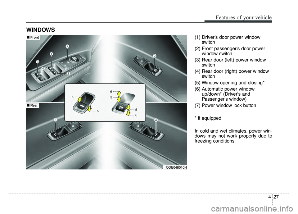 KIA NIRO PLUG-IN HYBRID 2018 Owners Manual 427
Features of your vehicle
(1) Driver’s door power windowswitch
(2) Front passenger’s door power window switch
(3) Rear door (left) power window switch
(4) Rear door (right) power window switch
KIA NIRO PLUG-IN HYBRID 2018 Owners Manual 427
Features of your vehicle
(1) Driver’s door power windowswitch
(2) Front passenger’s door power window switch
(3) Rear door (left) power window switch
(4) Rear door (right) power window switch