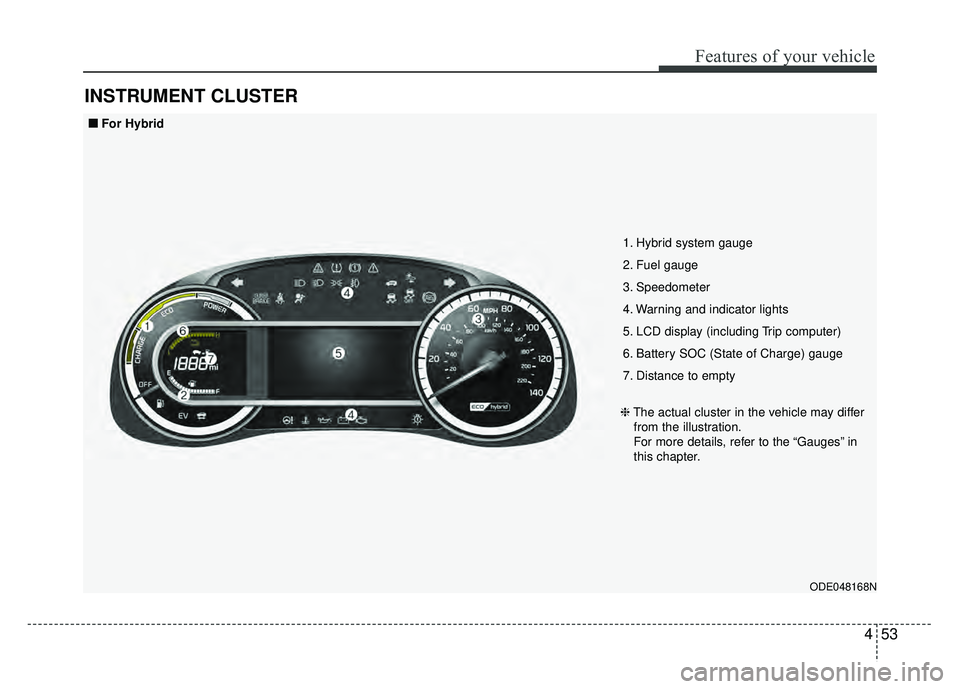 KIA NIRO PLUG-IN HYBRID 2018 Owners Manual 453
Features of your vehicle
INSTRUMENT CLUSTER
ODE048168N
1. Hybrid system gauge
2. Fuel gauge
3. Speedometer
4. Warning and indicator lights
5. LCD display (including Trip computer)
6. Battery SOC ( KIA NIRO PLUG-IN HYBRID 2018 Owners Manual 453
Features of your vehicle
INSTRUMENT CLUSTER
ODE048168N
1. Hybrid system gauge
2. Fuel gauge
3. Speedometer
4. Warning and indicator lights
5. LCD display (including Trip computer)
6. Battery SOC (