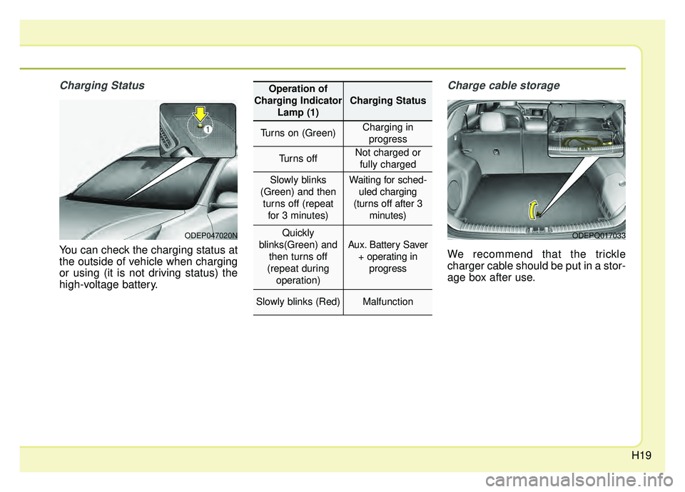 KIA NIRO PLUG-IN HYBRID 2018 Owners Manual H19
Charging Status
You can check the charging status at
the outside of vehicle when charging
or using (it is not driving status) the
high-voltage battery.
Charge cable storage
We recommend that the t KIA NIRO PLUG-IN HYBRID 2018 Owners Manual H19
Charging Status
You can check the charging status at
the outside of vehicle when charging
or using (it is not driving status) the
high-voltage battery.
Charge cable storage
We recommend that the t