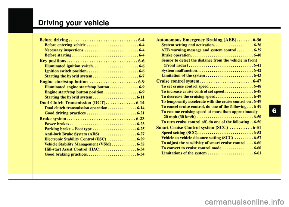 KIA NIRO PLUG-IN HYBRID 2018  Owners Manual Driving your vehicle
Before driving . . . . . . . . . . . . . . . . . . . . . . . . . . . . . . 6-4
 Before entering vehicle . . . . . . . . . . . . . . . . . . . . . . . . . 6-4
 Necessary inspection