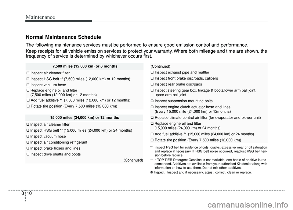 KIA NIRO PLUG-IN HYBRID 2018 Owners Manual Maintenance
10
8
Normal Maintenance Schedule
The following maintenance services must be performed to ensure good emission control and performance.
Keep receipts for all vehicle emission services to pr KIA NIRO PLUG-IN HYBRID 2018 Owners Manual Maintenance
10
8
Normal Maintenance Schedule
The following maintenance services must be performed to ensure good emission control and performance.
Keep receipts for all vehicle emission services to pr