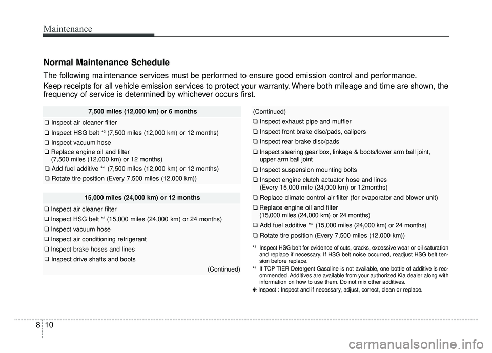 KIA NIRO PLUG-IN HYBRID 2018  Owners Manual Maintenance
10
8
Normal Maintenance Schedule
The following maintenance services must be performed to ensure good emission control and performance.
Keep receipts for all vehicle emission services to pr