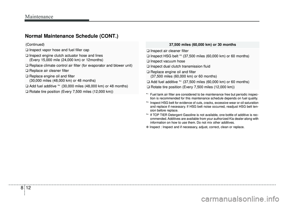 KIA NIRO PLUG-IN HYBRID 2018  Owners Manual Maintenance
12
8
Normal Maintenance Schedule (CONT.)
37,500 miles (60,000 km) or 30 months
❑ Inspect air cleaner filter
❑Inspect HSG belt *3(37,500 miles (60,000 km) or 60 months)
❑Inspect vacuu