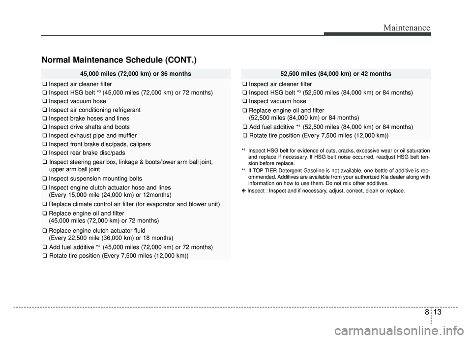 KIA NIRO PLUG-IN HYBRID 2018  Owners Manual 813
Maintenance
Normal Maintenance Schedule (CONT.)
45,000 miles (72,000 km) or 36 months
❑Inspect air cleaner filter
❑Inspect HSG belt *3(45,000 miles (72,000 km) or 72 months)
❑Inspect vacuum 